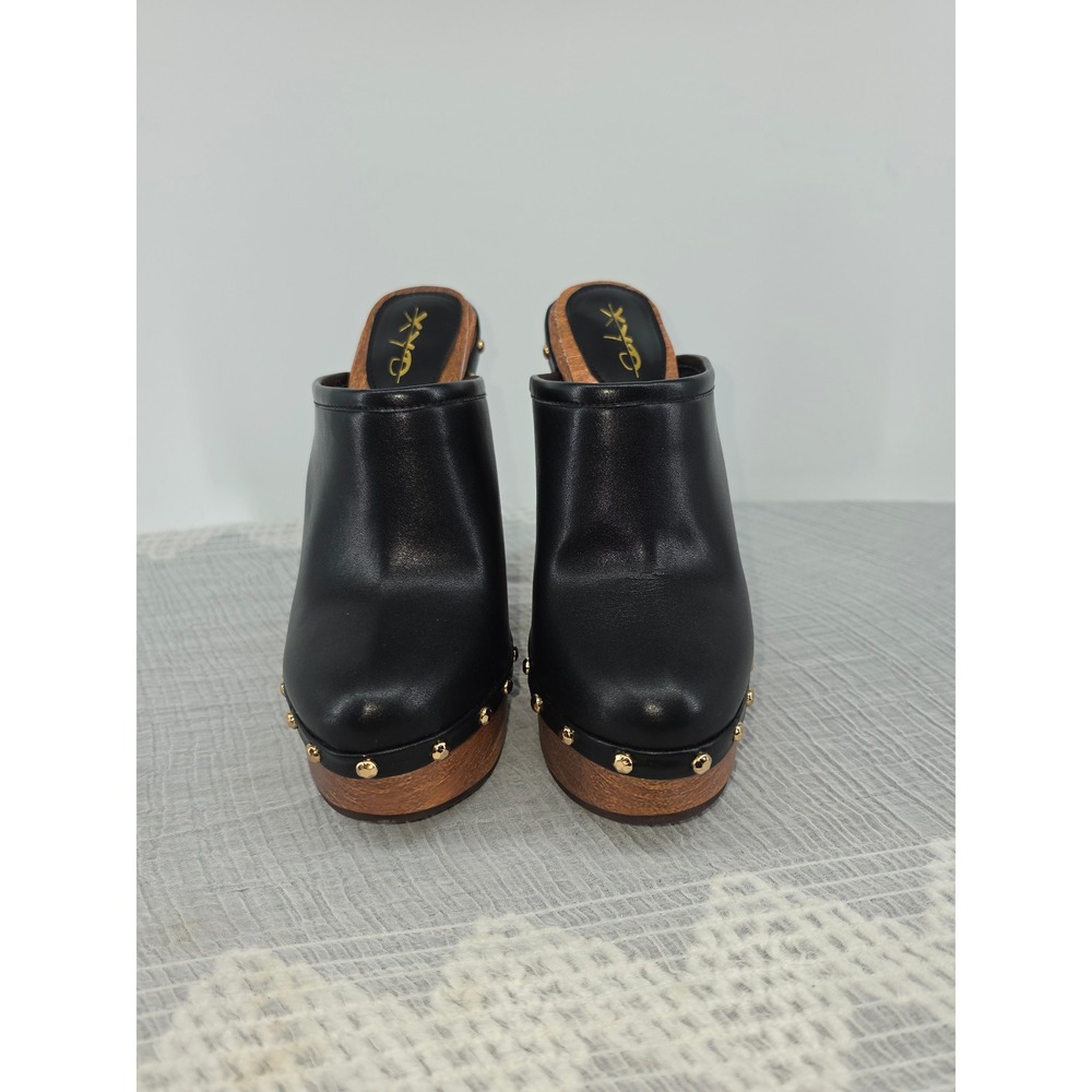 XYD Women Black Faux Leather Studded Platform Clogs Wooden Block Heel Mules
